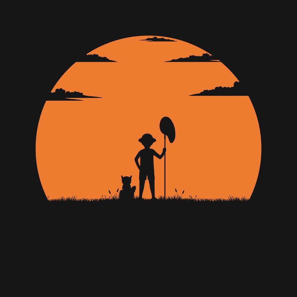 jongen met een hond Bij zonsondergang vector