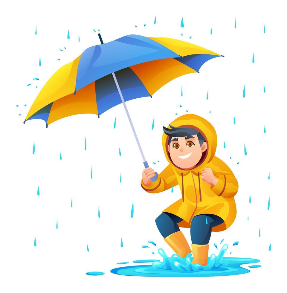 vrolijk jongen met paraplu spelen plas in de regen tekenfilm illustratie vector