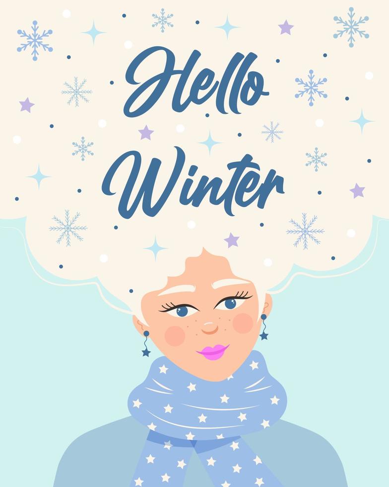 mooi meisje in een sjaal met sneeuwvlokken, sterren en sneeuw in haar haar. Hallo winter citaat. kleurrijk portret van vrouw karakter. vector