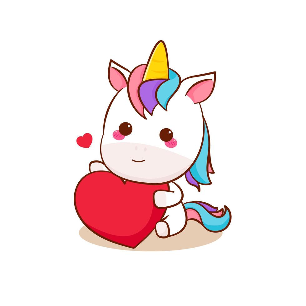 schattig magisch eenhoorn tekenfilm met liefde hart vector. pony tekenfilm kawaii dier. geïsoleerd Aan een wit achtergrond. vector