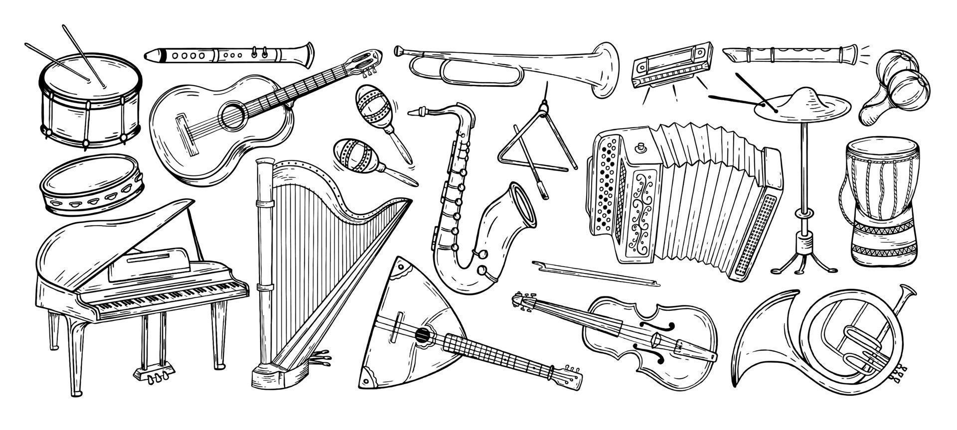groot reeks musical instrumenten hand- getrokken stijl. vector zwart en wit tekening illustratie