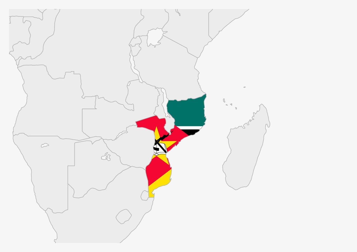 Mozambique kaart gemarkeerd in Mozambique vlag kleuren vector