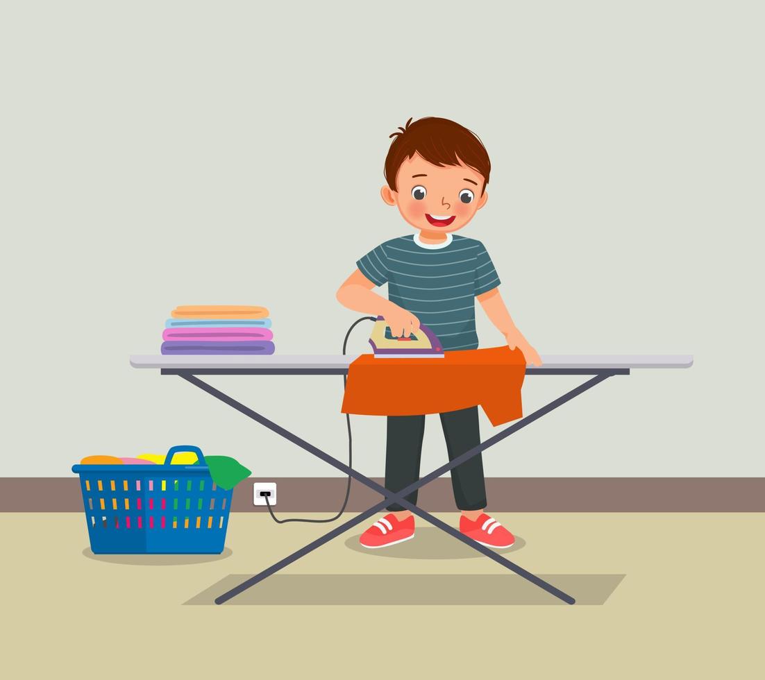 schattig weinig jongen strijken kleren aan het doen dagelijks klusjes huiswerk werkzaamheid vector