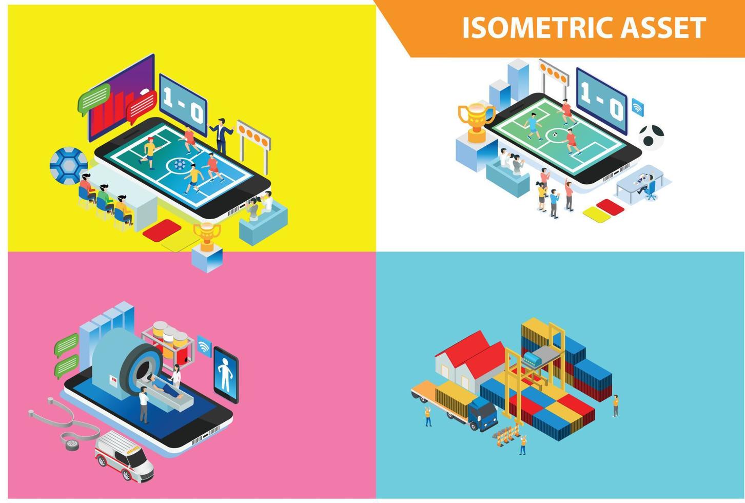 modern 3d isometrische reeks verzameling slim online leven voetbal technologie illustratie in wit geïsoleerd achtergrond met mensen en digitaal verwant Bedrijfsmiddel vector