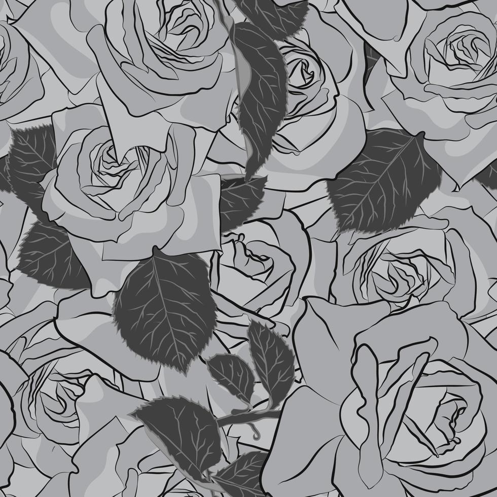 mooi zwart, grijs en wit roos bloem, naadloos patroon. botanisch hand- getrokken silhouet. vlak stilering kleur vector
