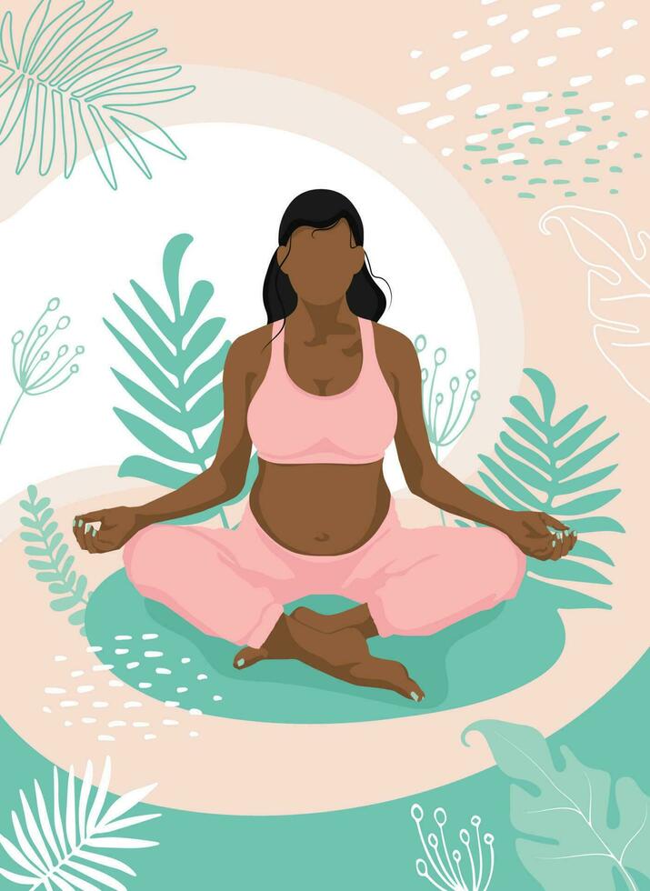 Afrikaanse Amerikaans zwanger vrouw mediteren zittend in lotus houding Aan de natuur. gezichtsloos stijl. concept vector illustratie voor yoga, meditatie, kom tot rust, gezond levensstijl en sport- activiteiten.