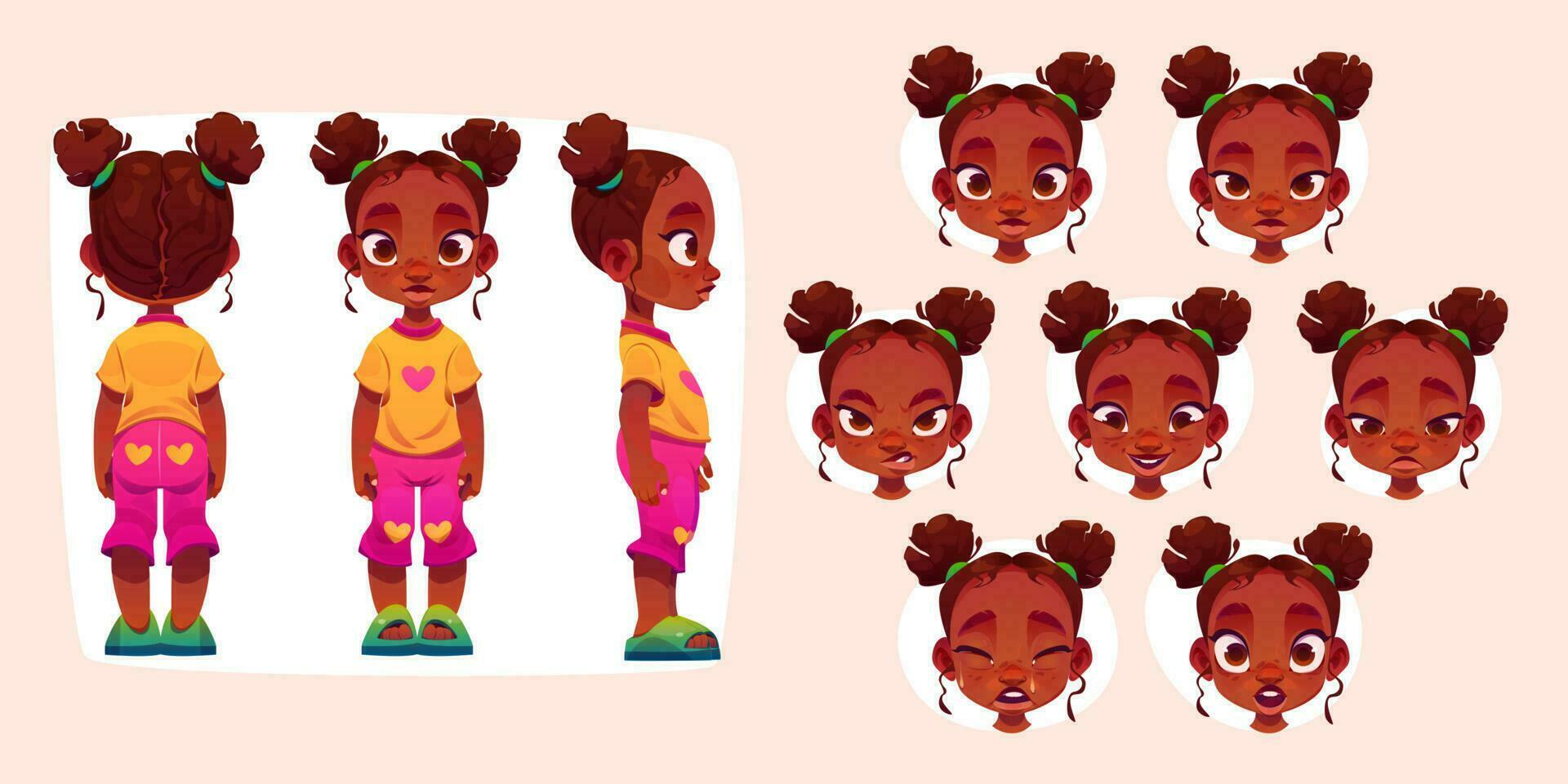 weinig zwart meisje tekenfilm karakter voor animatie vector