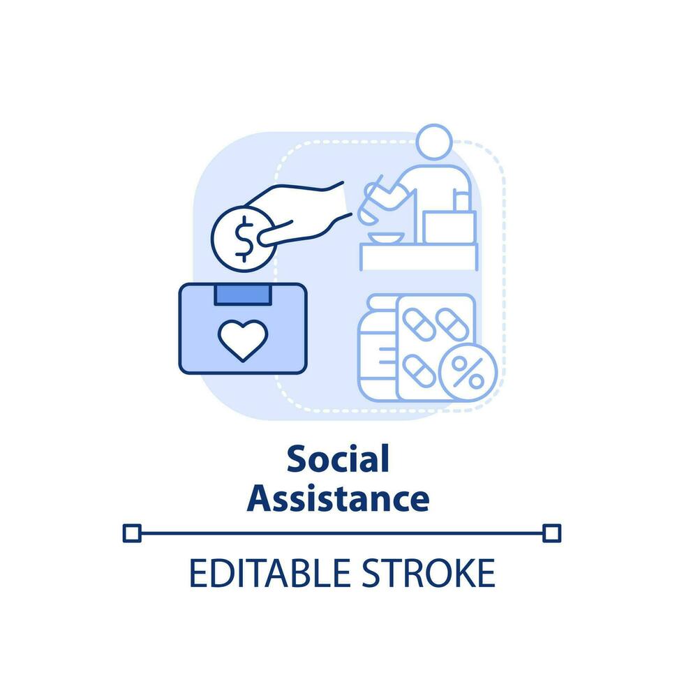 sociaal bijstand licht blauw concept icoon. betalingen en subsidies. sociaal bescherming abstract idee dun lijn illustratie. geïsoleerd schets tekening. bewerkbare hartinfarct. vector