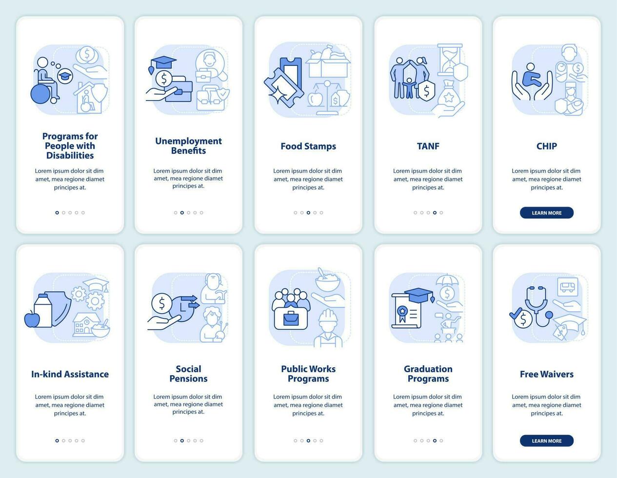 sociaal bijstand licht blauw onboarding mobiel app scherm set. programma's walkthrough 5 stappen grafisch instructies Pagina's met lineair concepten. ui, ux, gui sjabloon. vector