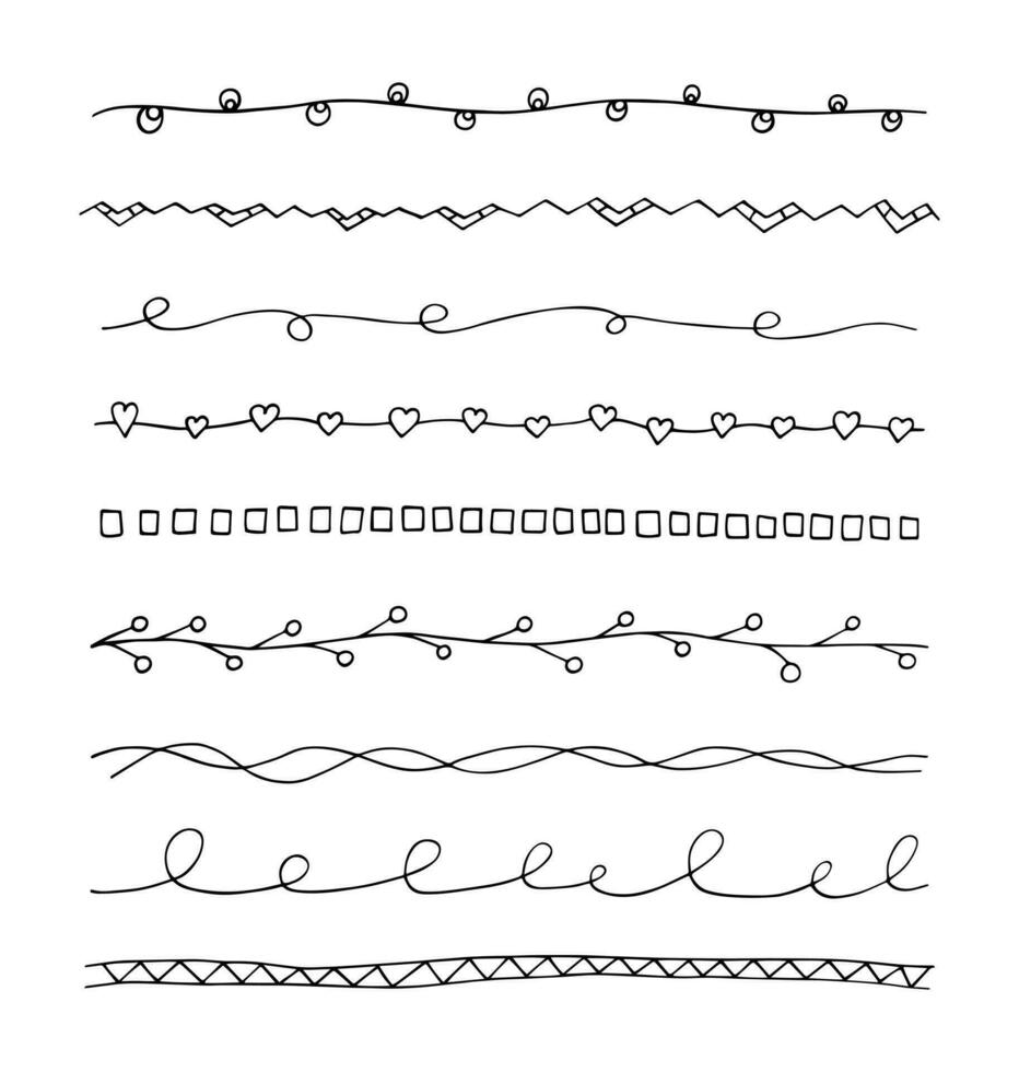 vector reeks hand- getrokken wijnoogst grenzen. tekening lijnen verzameling voor uw ontwerp. schattig modieus decoratief en botanisch element. curves versierd met cirkels, wervelingen, harten