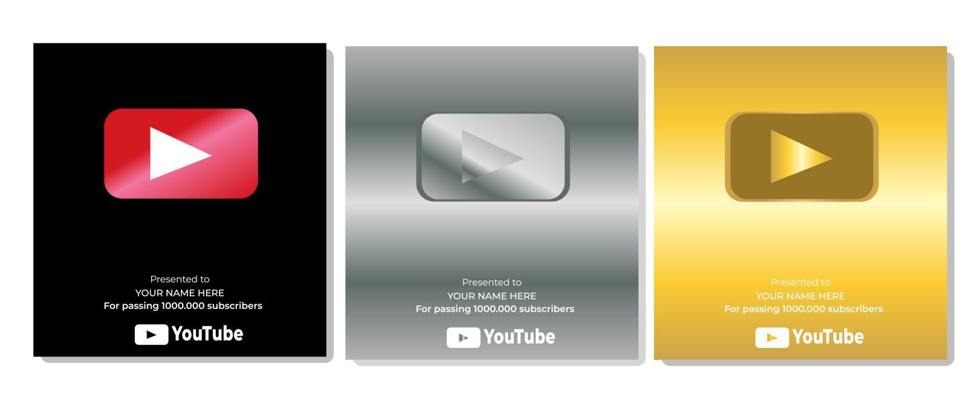 3 youtuber abonnee Speel knop zwart, zilver, en gouden illustrator vector
