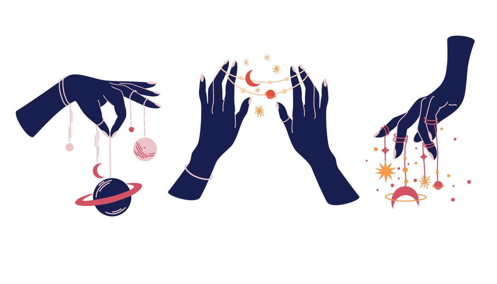handen met hemel- mystiek symbolen reeks van magie. geestelijk boho logo, ontwerp elementen met maan, plant, zon. zwart silhouet van vrouw armen geïsoleerd Aan wit. vector illustratie