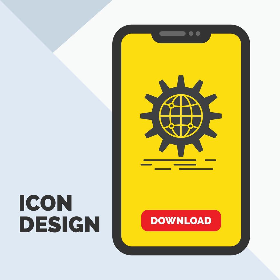 Internationale. bedrijf. wereldbol. wereld breed. uitrusting glyph icoon in mobiel voor downloaden bladzijde. geel achtergrond vector