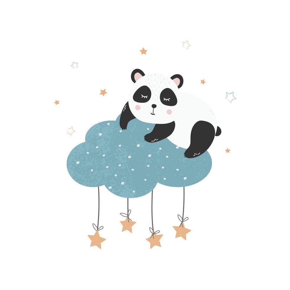 schattig weinig panda Aan een wolk met sterren. kinderen illustratie voor affiches, kleding stof prints en kinderen kaarten Aan een wit achtergrond. vector