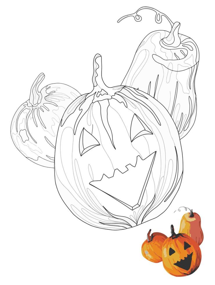 grappig halloween pompoenen in tekening stijl, kleur boek, kleur bladzijde voor kinderen en volwassenen vector