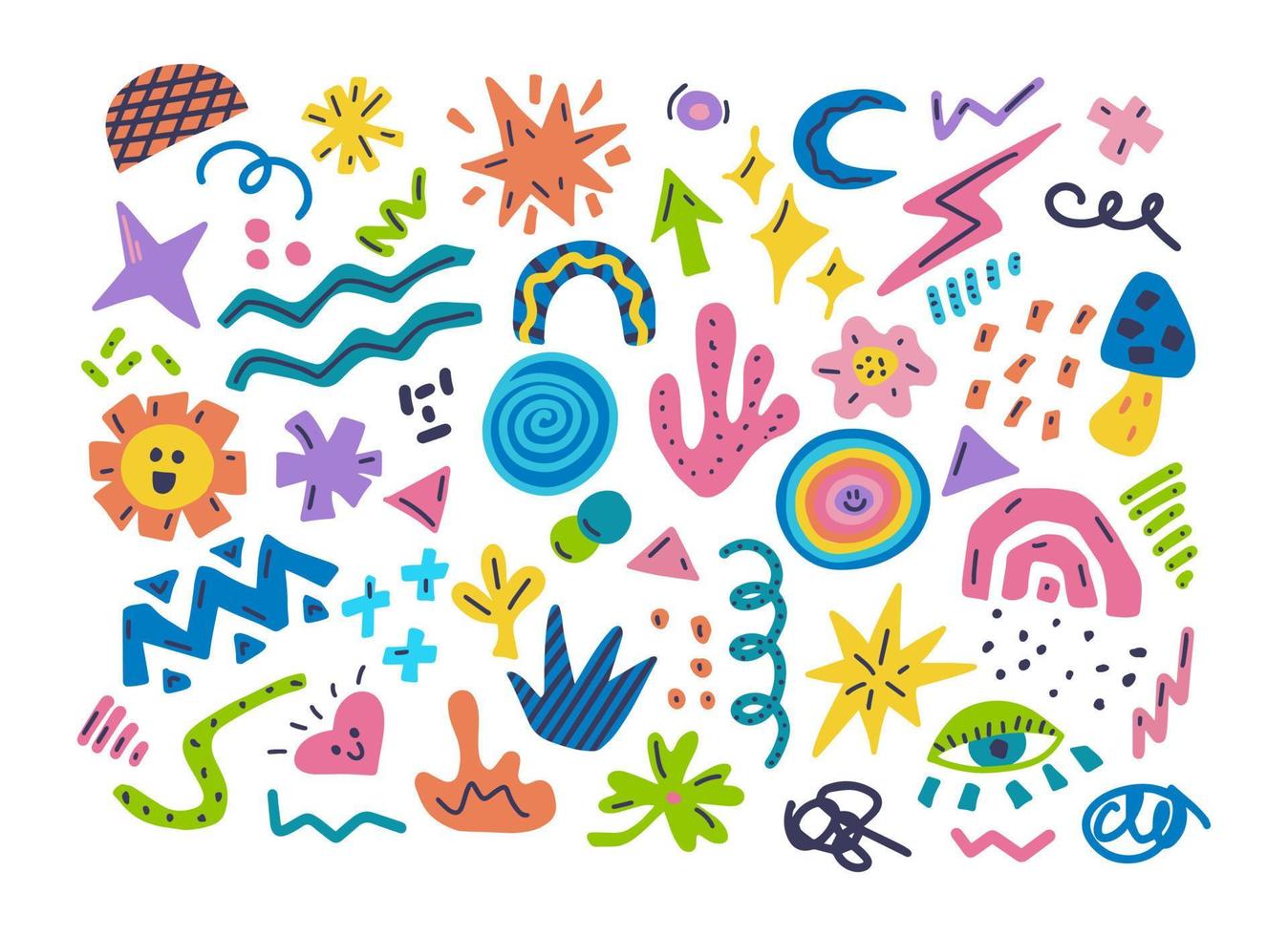 reeks van kleurrijk hand- getrokken doodles van verschillend vormen, abstract elementen voor modern ontwerp, vector illustratie Aan wit achtergrond