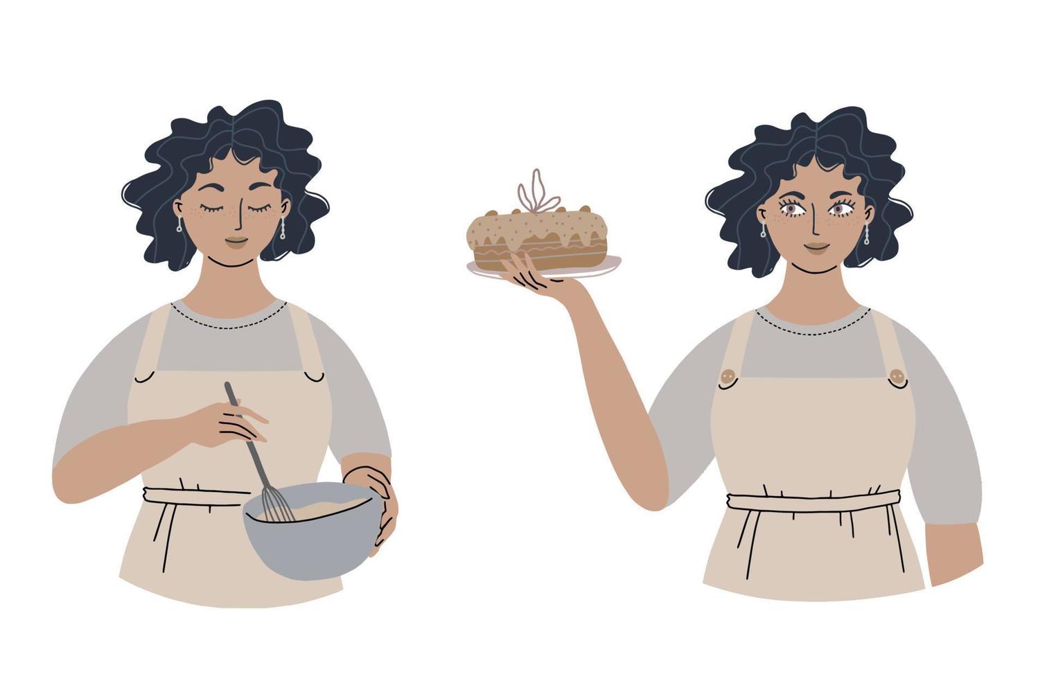 reeks van een jong vrouw Koken. een gelukkig meisje houdt een taart, en toetje in haar hand. geïsoleerd Aan wit achtergrond. vector