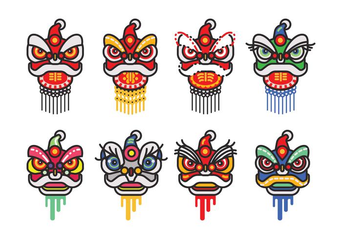 Chinese Nieuwjaar Lion Dance Head Minimalistische Flat Vector Icon Set