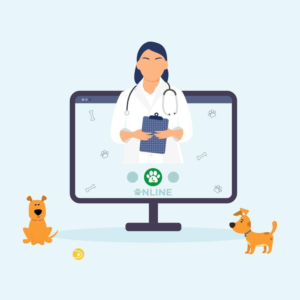 online dierenarts overleg. online dier veterinair dokter Aan de laptop scherm met twee honden. dier ziekenhuis. vector