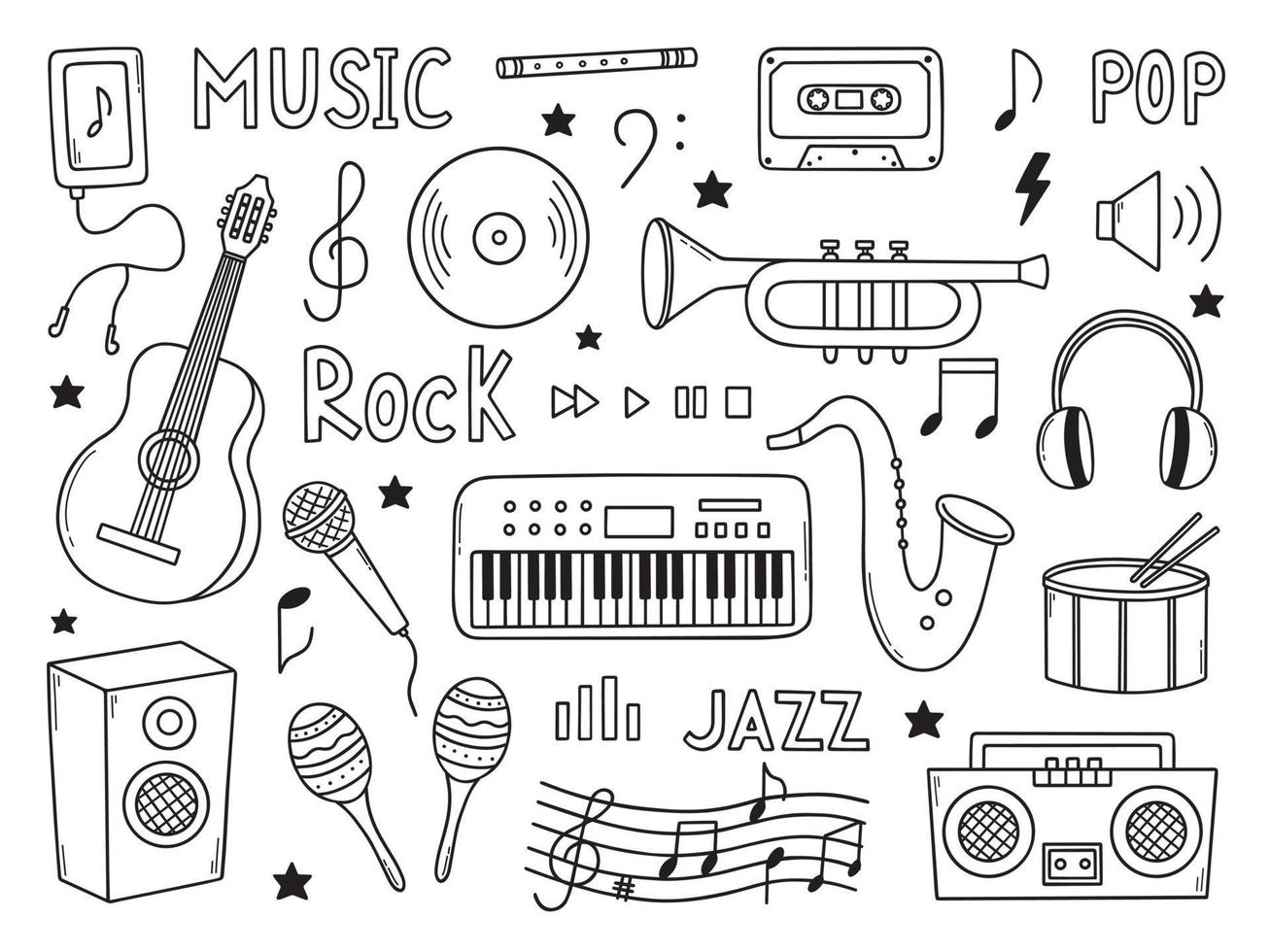 hand- getrokken muziek- tekening. musical instrumenten, notities, hoofdtelefoons in schetsen stijl. vector illustratie geïsoleerd Aan wit achtergrond