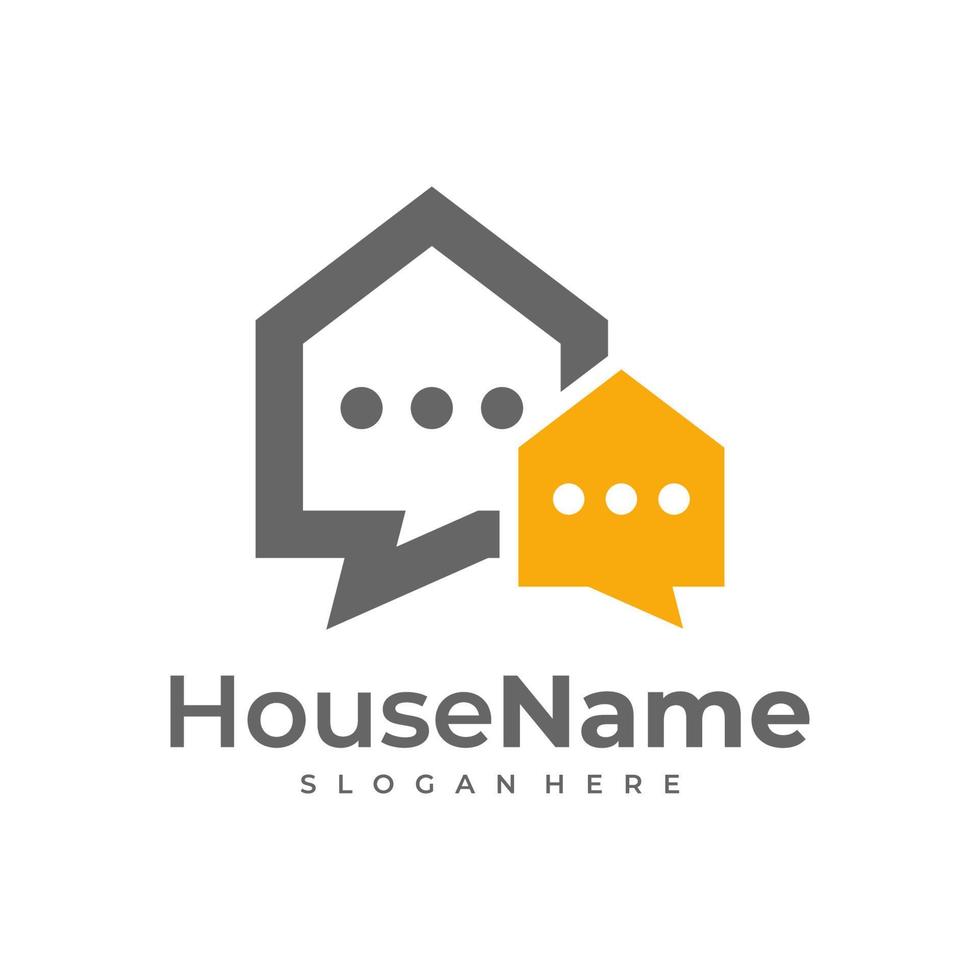 huis en praten logo - huis met schoorsteen en babbelen of bericht symbool. onroerend goed en landgoed bureau, discussie, gesprek en communicatie vector icoon.