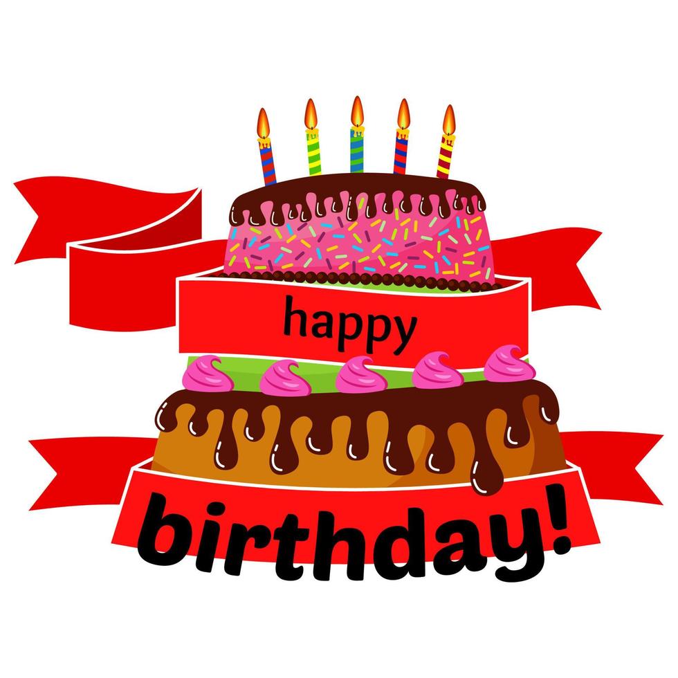 zoet verjaardag taart verpakt in rood linten met vijf brandend kaarsen. kleurrijk vakantie nagerecht. vector viering achtergrond.
