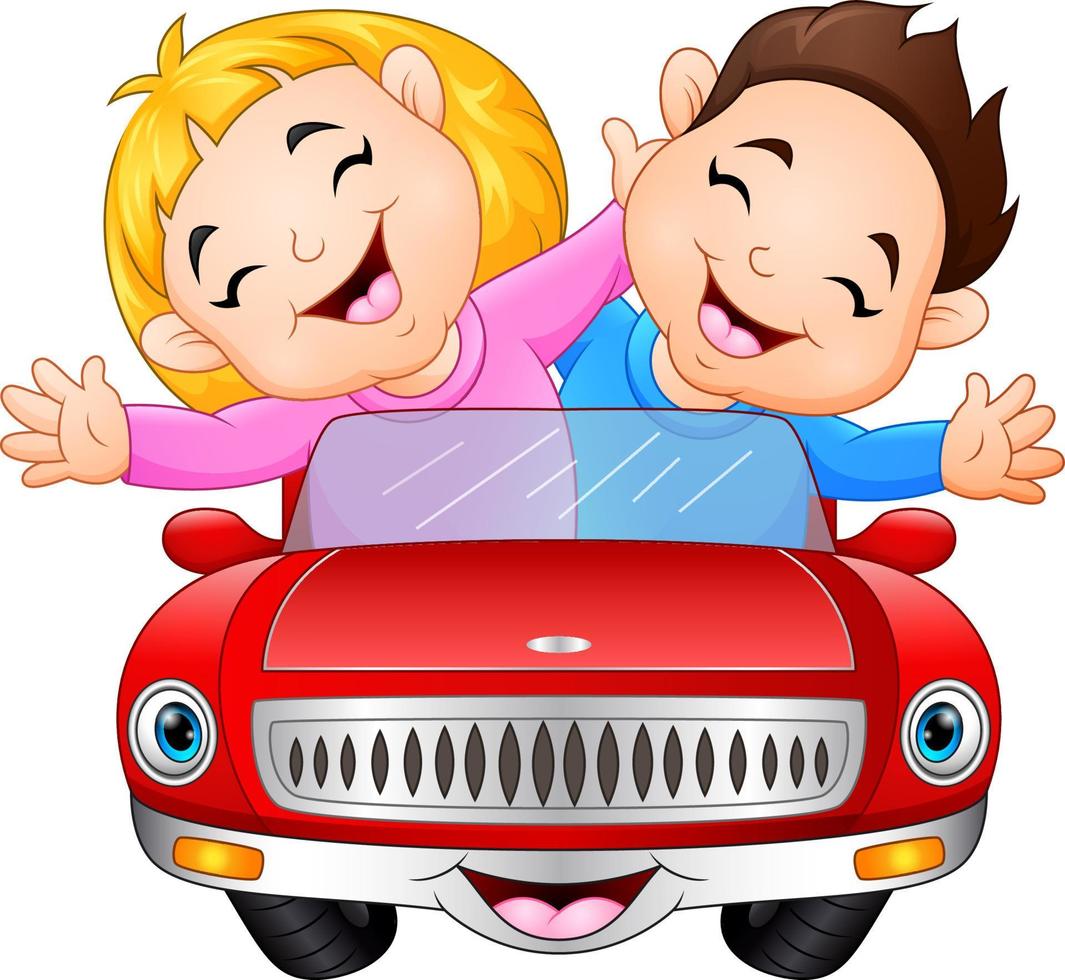 tekenfilm jongen en meisje rijden een auto vector