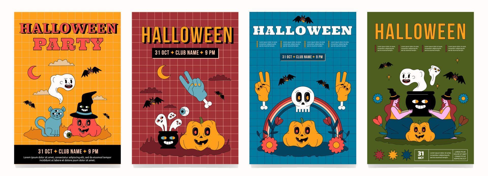 een reeks van kleurrijk posters voor halloween met geschetst illustraties. modieus groovy kunstwerken. vector