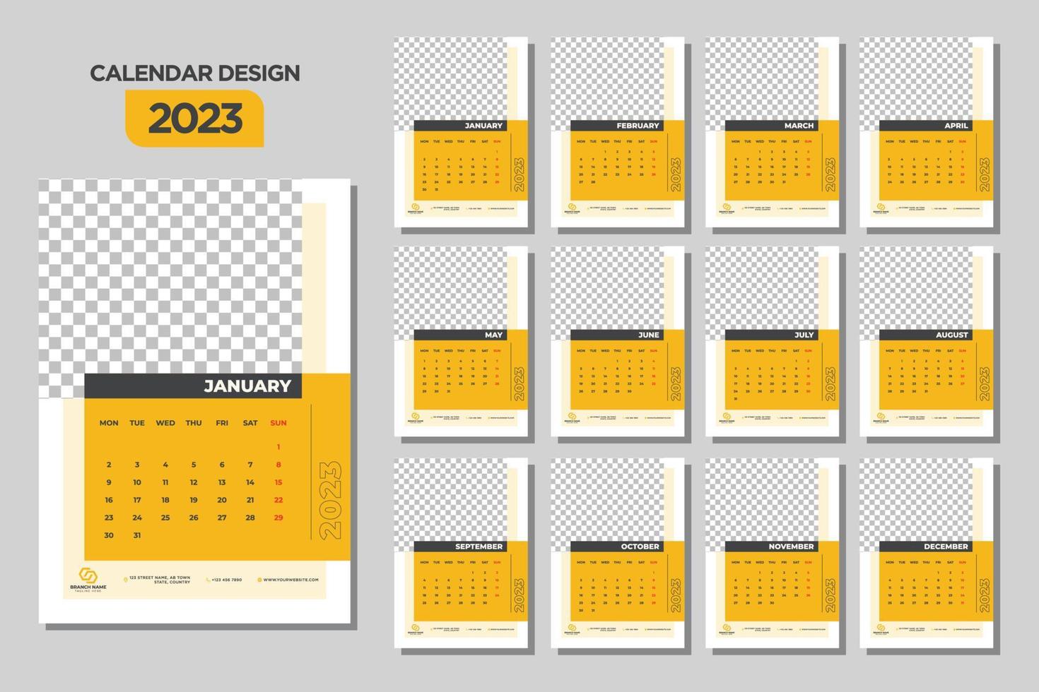 muur kalender 2023 sjabloon geel ontwerp vector