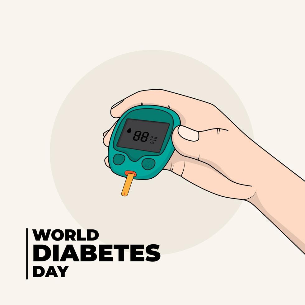 wereld diabetes dag sjabloon met hand- aangrijpend de glucometer in tekenfilm ontwerp vector