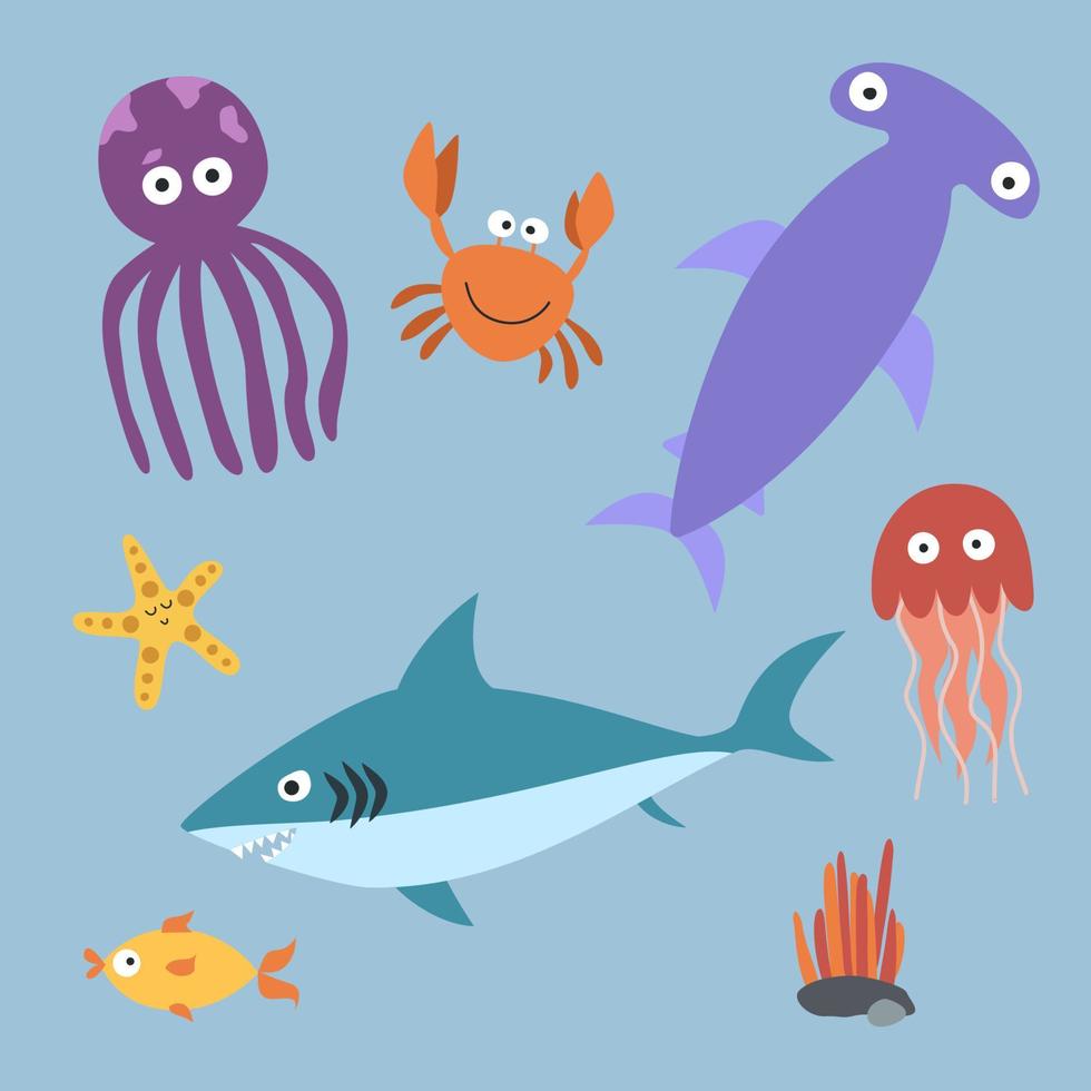 marinier reddingshaai, krab, kwallen, hamerhaai vis, zeester. naadloos patroon, vector illustratie