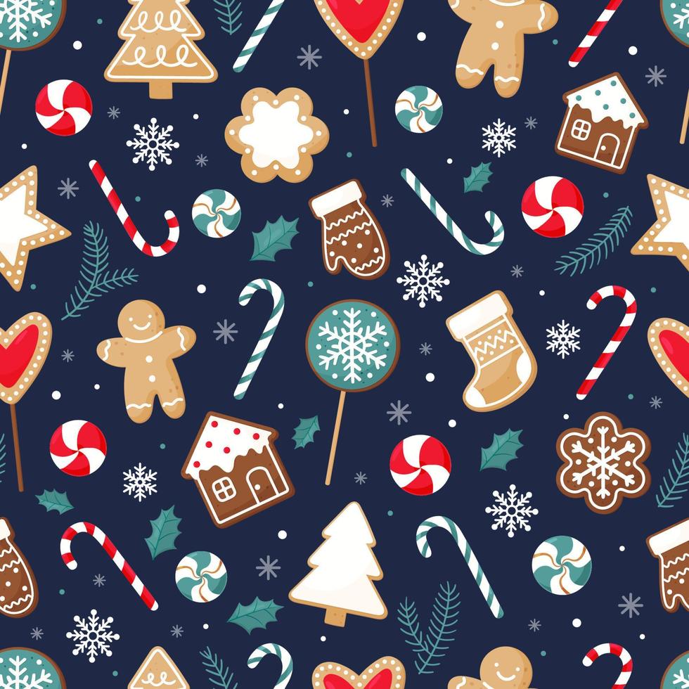 naadloos Kerstmis patroon met peperkoek koekjes en snoepgoed. helder vector achtergrond voor omhulsel papier, kleding stof.