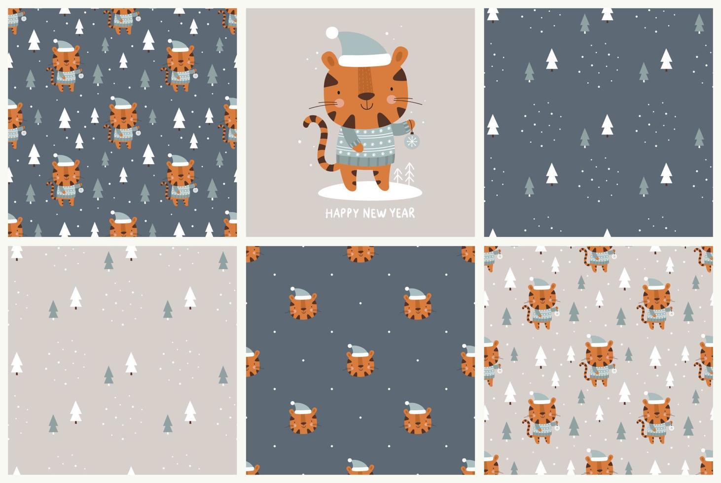 reeks van naadloos winter patronen met schattig tijger. vector naadloos achtergrond voor winter vakantie decoratie, kleding stof, kinderen s textiel.