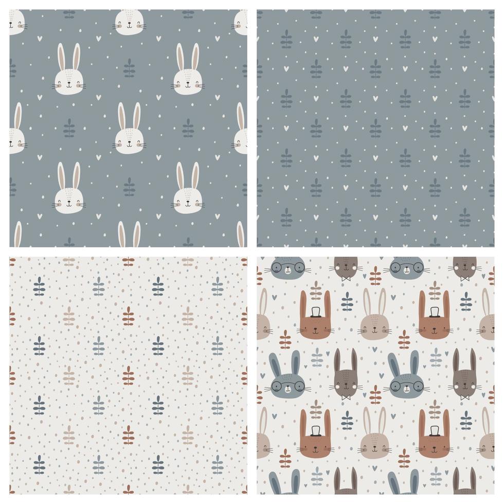 naadloos patroon met schattig konijnen, bladeren en harten. gestileerde afdrukken Aan kleding stof met planten en konijnen. pastel palet. vector naadloos achtergrond.