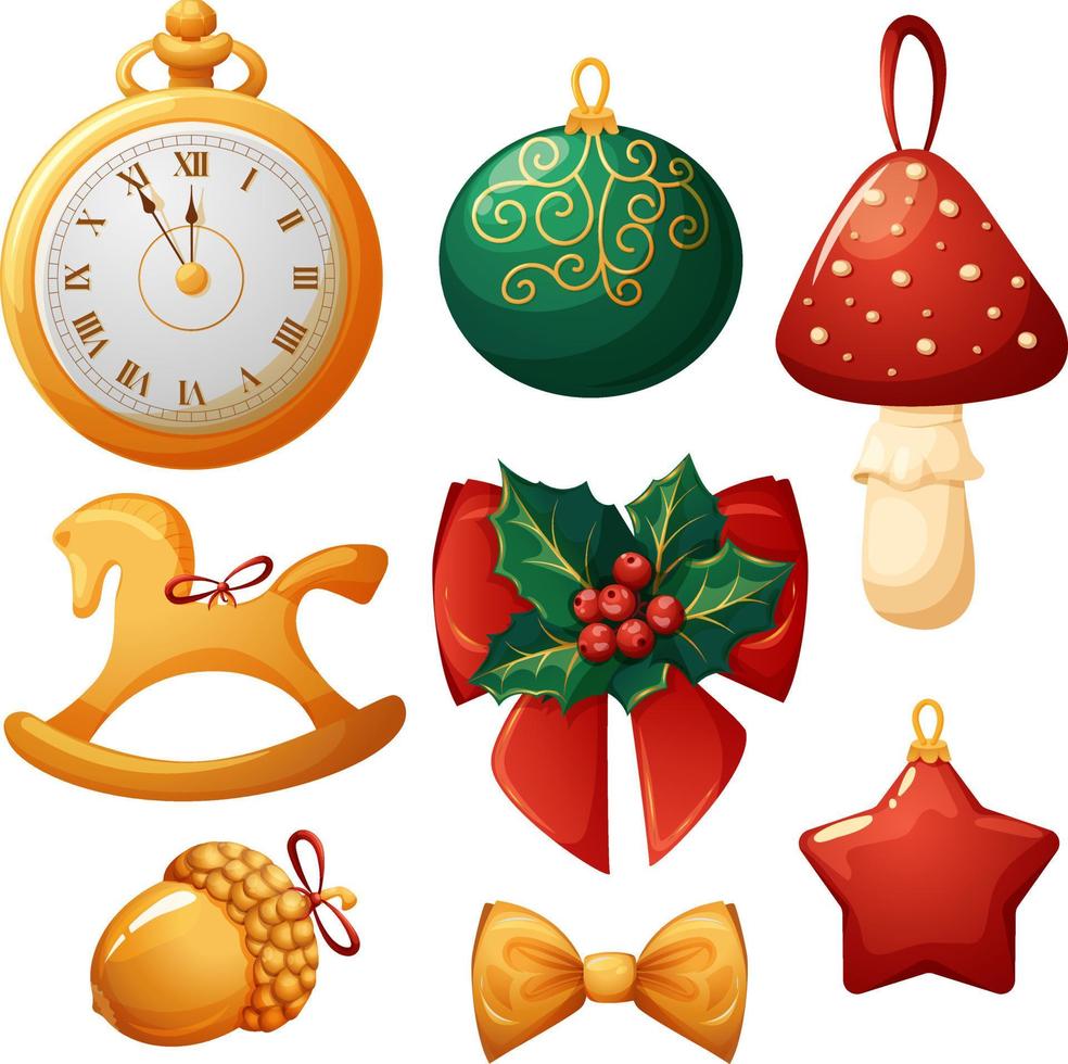 reeks van wijnoogst Kerstmis boom speelgoed en decoraties in goud, rood en groen kleuren vector