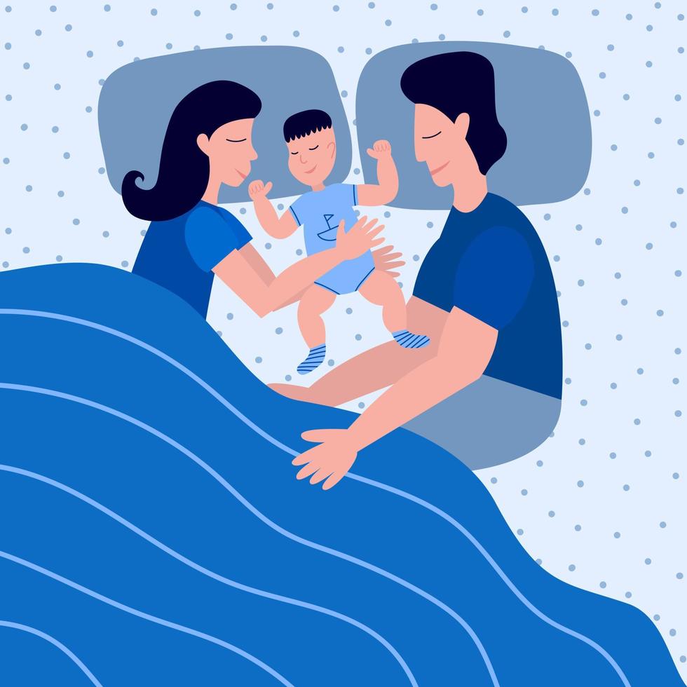 gelukkig jong familie slapen met kind in bed. moeder en vader knuffelen hun baby. vector voorraad illustratie