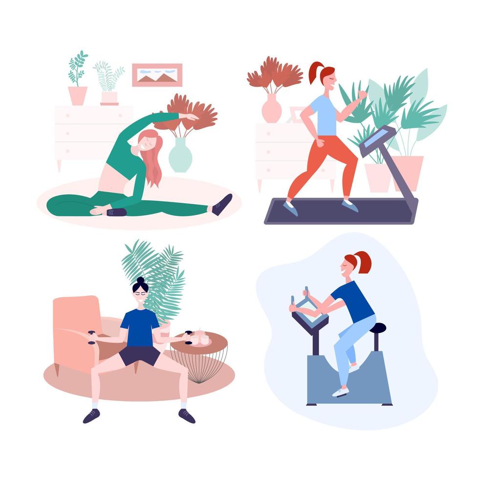 huis sport opleiding set. mensen geschiktheid werkzaamheid in kamer, vrouw en Mens aan het doen fysiek opdrachten yoga en gymnastiek Bij huis. vlak stijl sport illustratie. vector