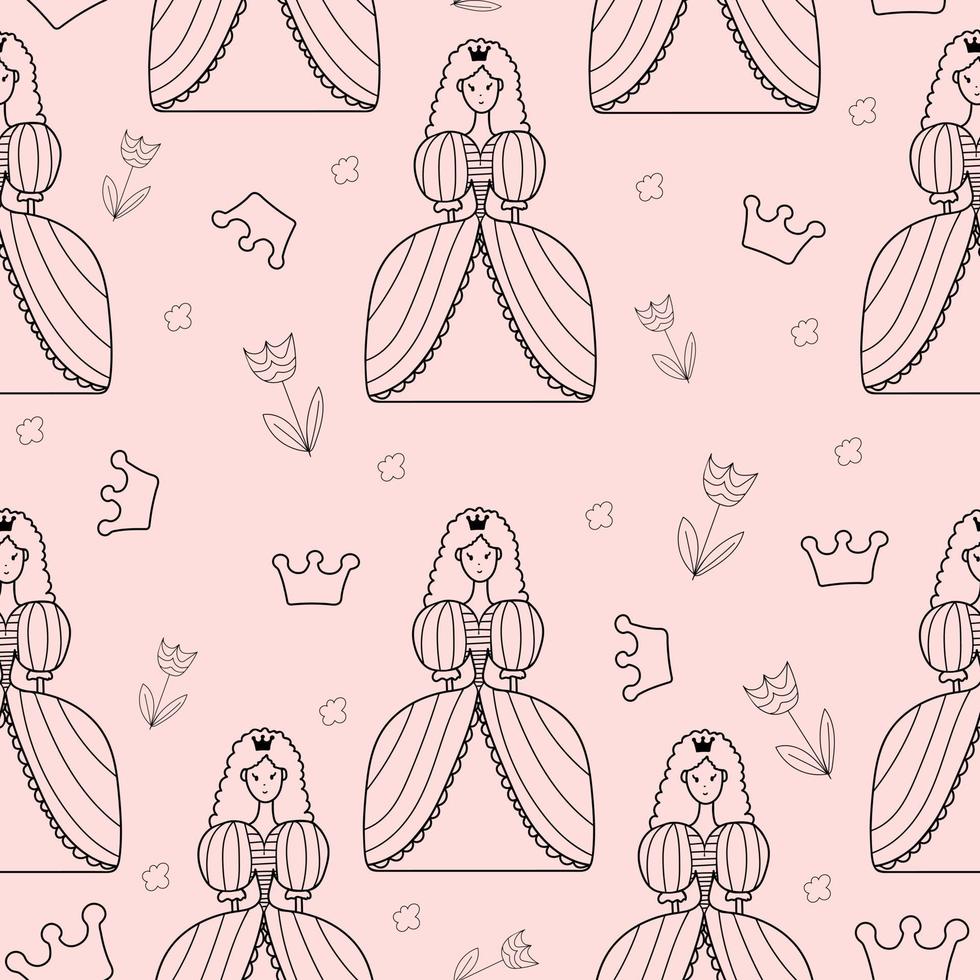 naadloos patroon prinses in tekening stijl Aan een roze achtergrond. vector