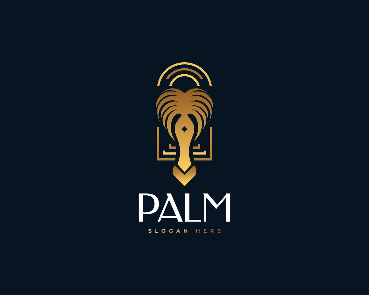 luxe gouden palm boom logo ontwerp. geschikt voor reis, spa, of toevlucht industrie logo vector