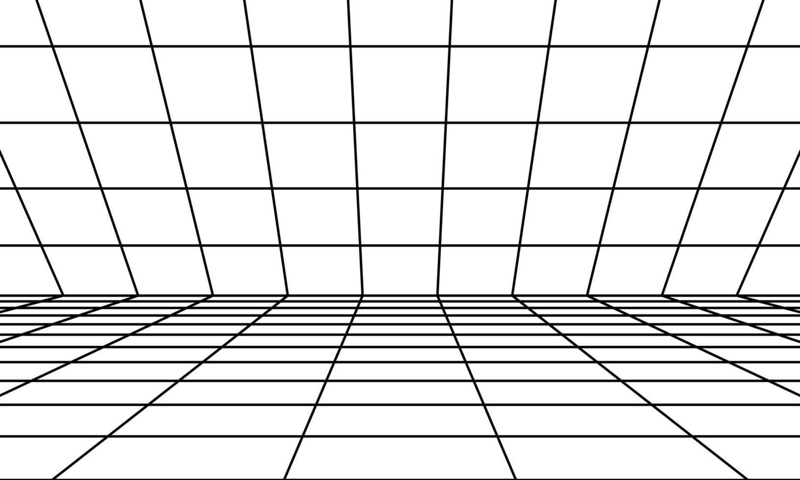 perspectief kamer met zwart rooster. 3d lineair verdieping en leeg interieur dimensie. virtueel studio wireframe ontwerp . gemakkelijk cyber ruimte kader en meetkundig plein draad vector illustratie
