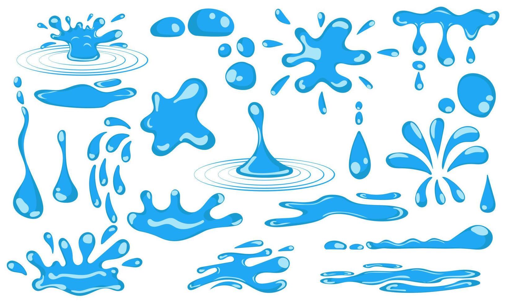 reeks tekenfilm blauw druipend water druppels en vloeistof icoon verzameling. vorm water is spatten, stromend, vloeiende en water druppel. schoon en vers aqua en nat bubbel. vloeiende dauw vector illustratie