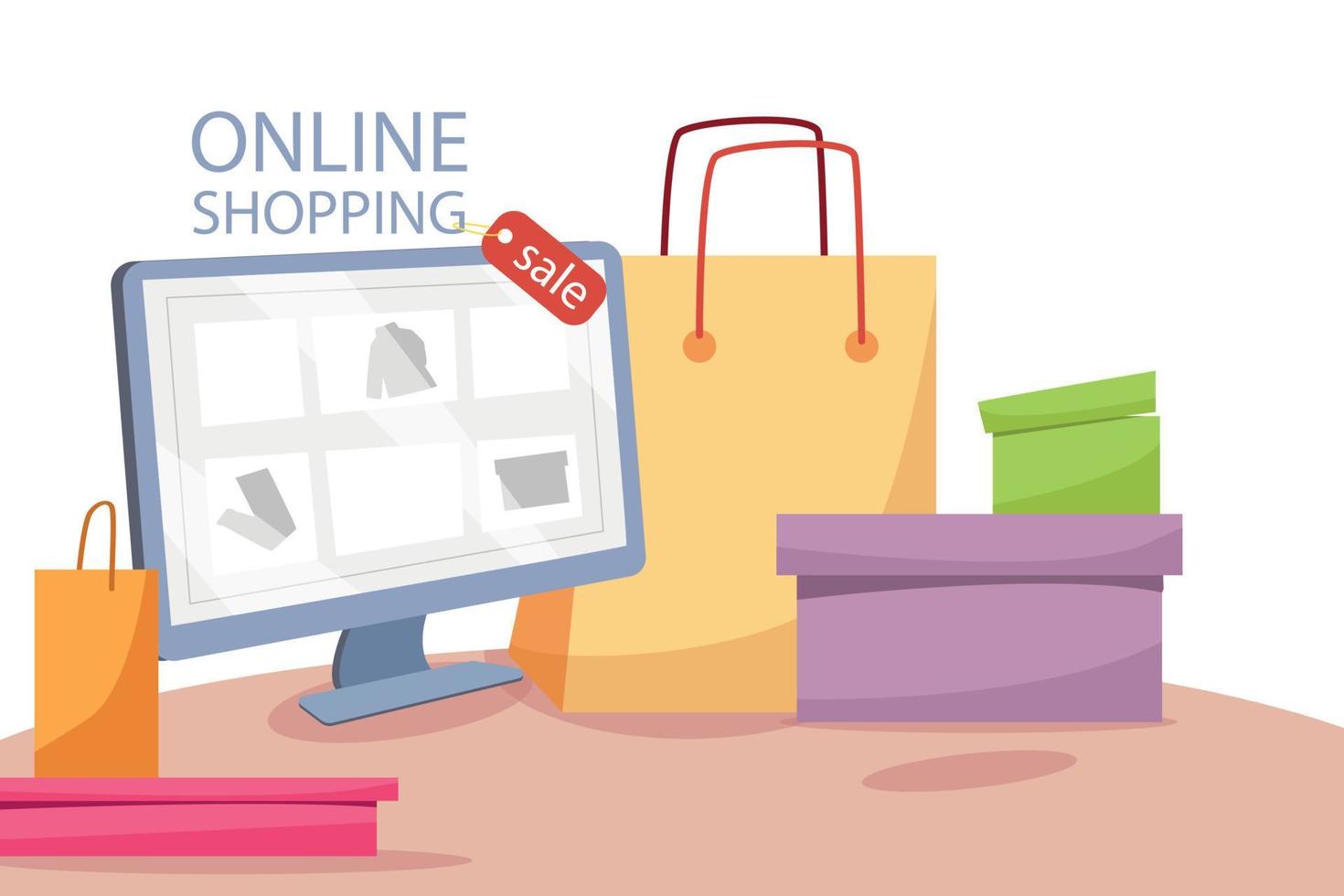 online boodschappen doen concept. website Aan de monitor. afzet en digitaal marketing. online op te slaan. vector tekenfilm illustratie voor web ontwerp, spandoek.