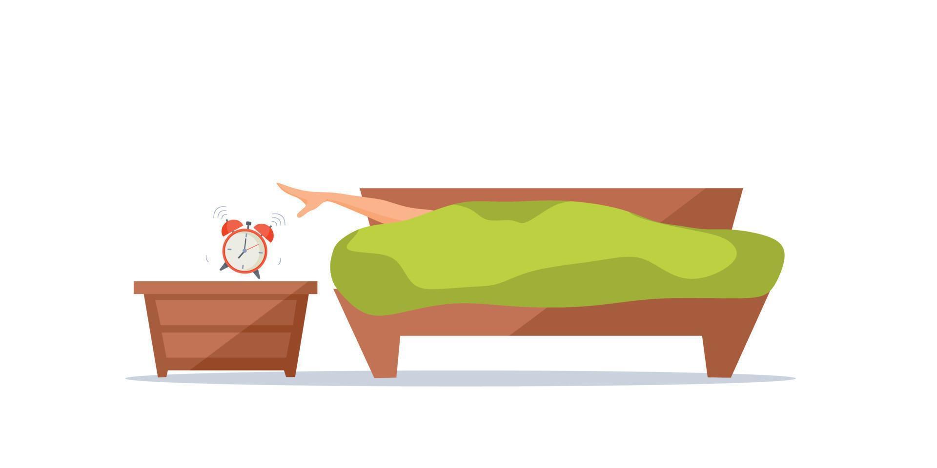 ochtend- ontwaken. een Mens aan het liegen in bed is proberen naar bereiken de luid alarm klok met zijn hand. vector