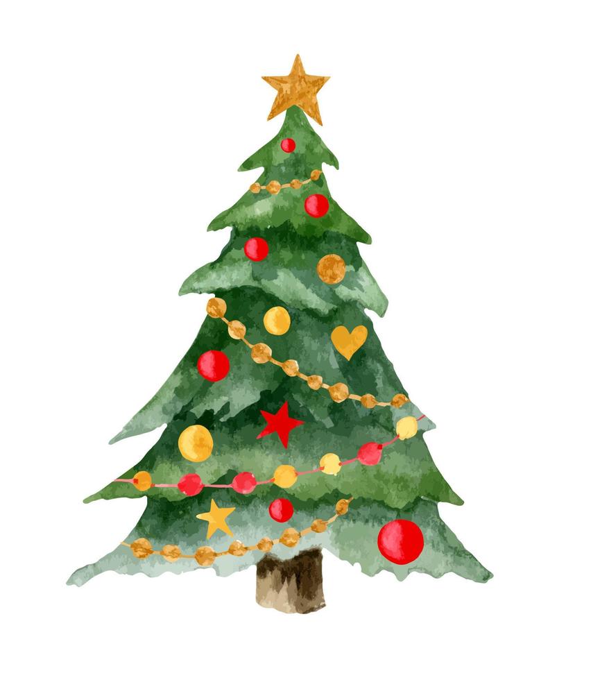 waterverf Kerstmis boom met kleurrijk rood en goud speelgoed en slingers. hand- geschilderd illustratie van groenblijvend net voor nieuw jaar ansichtkaarten en groet kaarten. geïsoleerd element Aan wit achtergrond vector