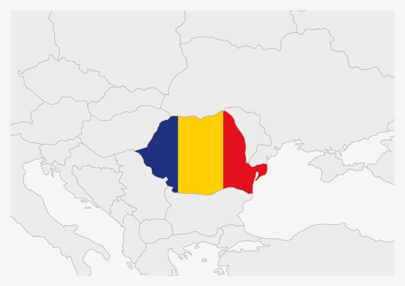 Roemenië kaart gemarkeerd in Roemenië vlag kleuren vector