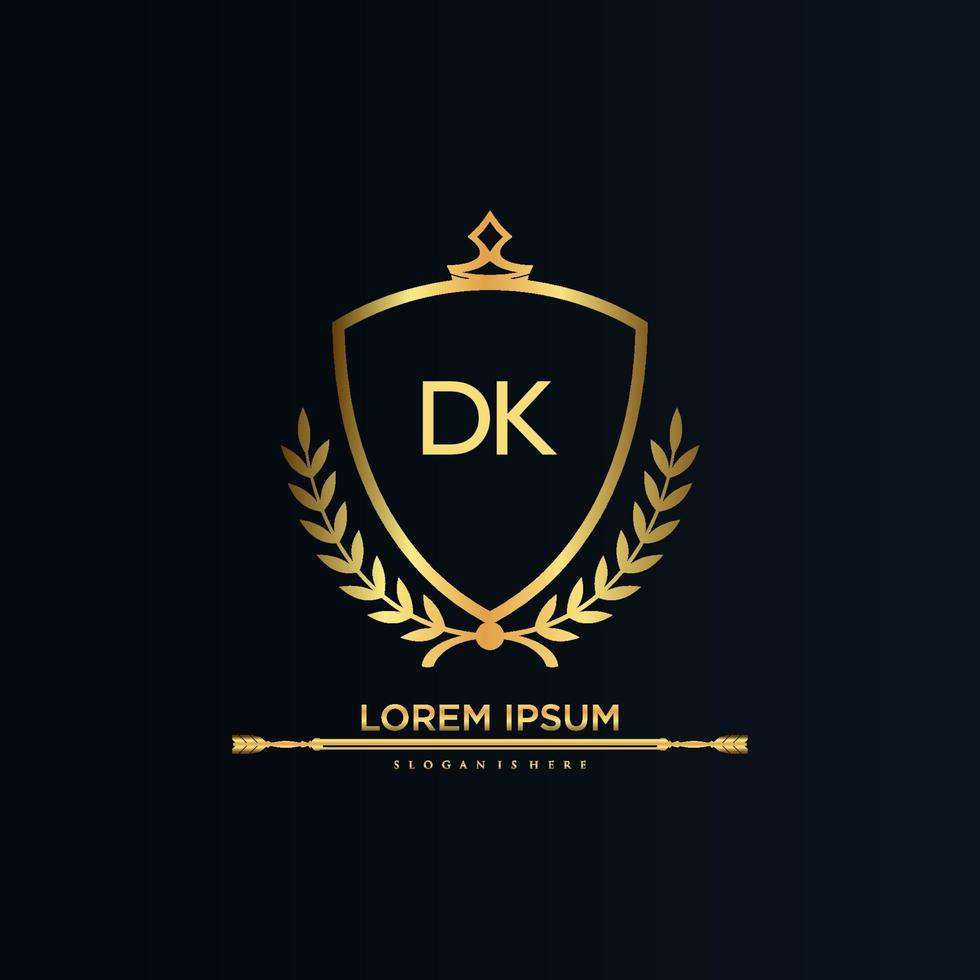 dk brief eerste met Koninklijk sjabloon.elegant met kroon logo vector, creatief belettering logo vector illustratie.