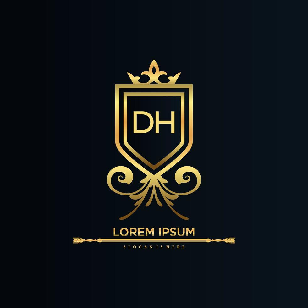 dh brief eerste met Koninklijk sjabloon.elegant met kroon logo vector, creatief belettering logo vector illustratie.