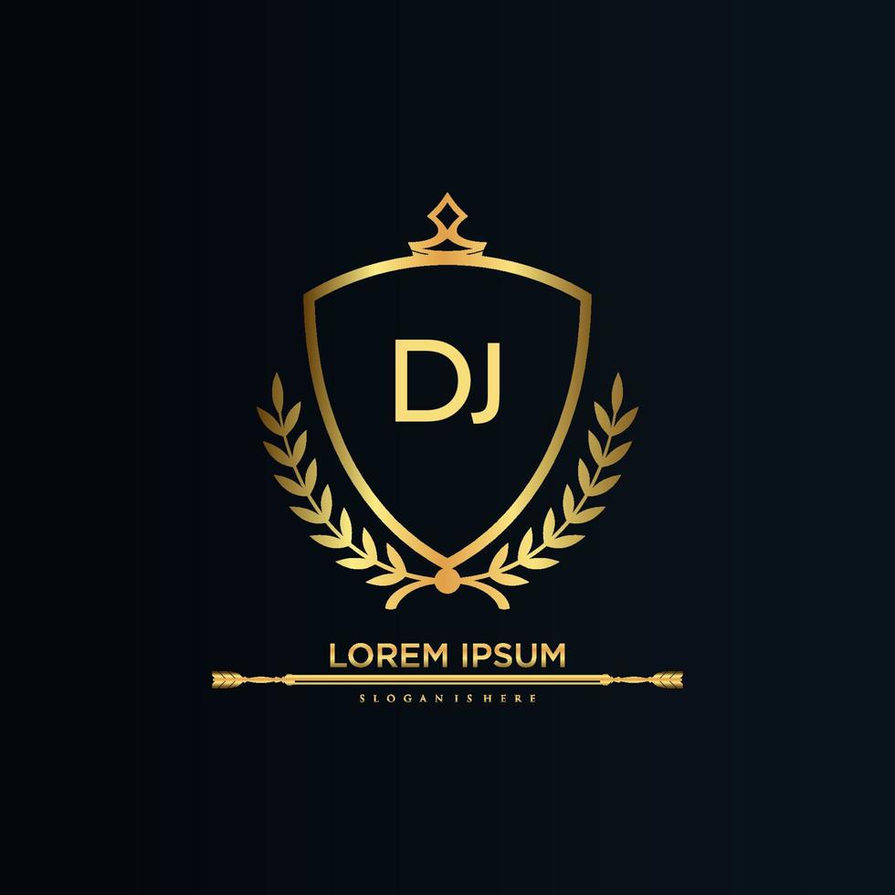 dj brief eerste met Koninklijk sjabloon.elegant met kroon logo vector, creatief belettering logo vector illustratie.