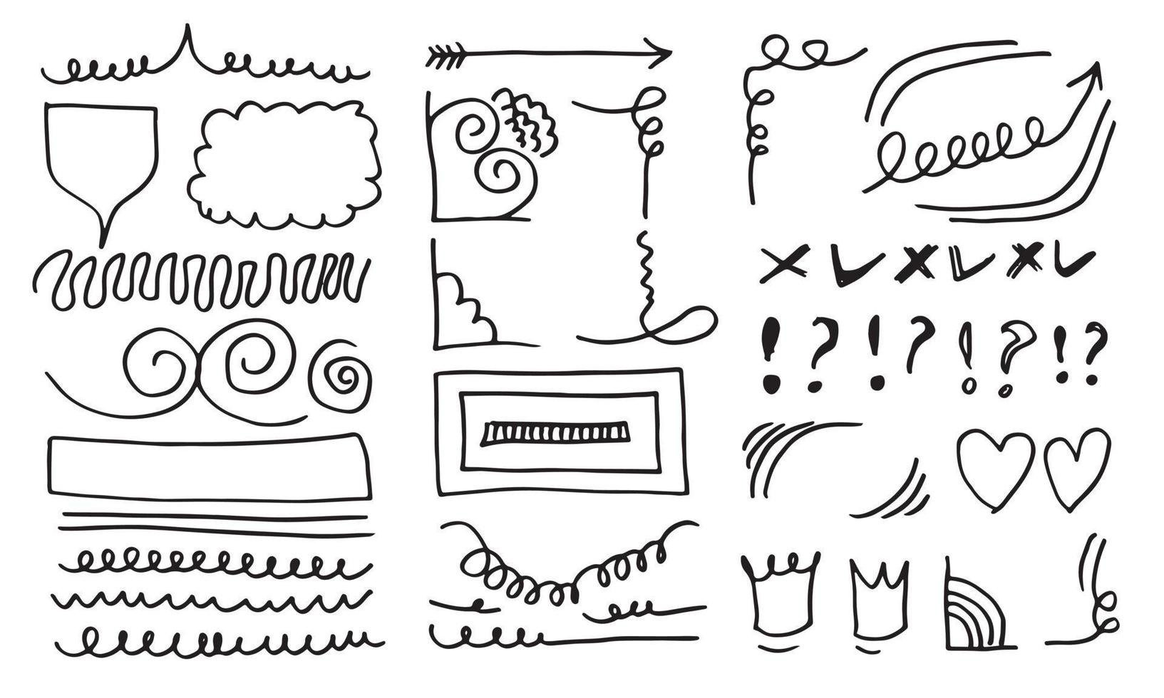 doodle vector lijnen en curves.hand getrokken check en pijlen tekenen. set van eenvoudige doodle lijnen, bochten, frames en vlekken. verzameling potloodeffecten. doodle grens. eenvoudige doodle-set.