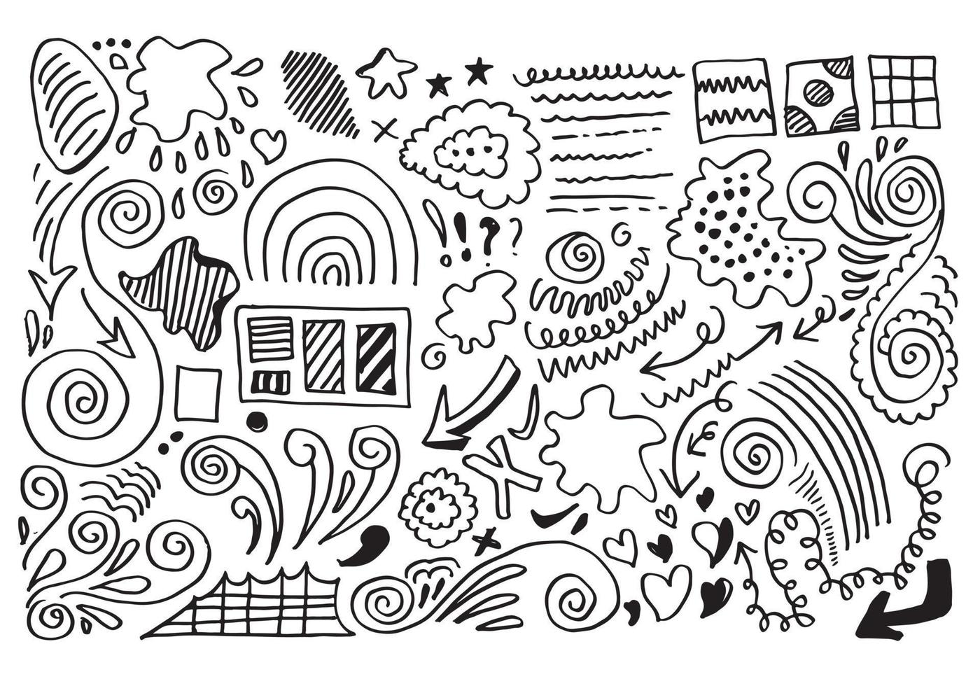 doodle vector lijnen en curves.hand getrokken check en pijlen tekenen. set van eenvoudige doodle lijnen, bochten, frames en vlekken. verzameling potloodeffecten. doodle grens. eenvoudige doodle-set.